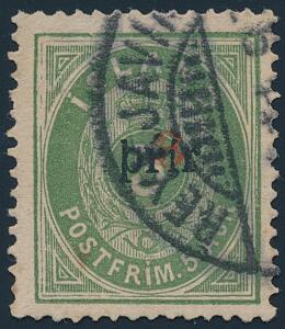 1897. 35 aur, grøn. Stort Prír, tk.14. Ægte stemplet i REYKJAVIK X.11.97. Sjældent mærke. En lille 1 mm medfødt tyndhed i papiret, ikke nævnt i attest Niel