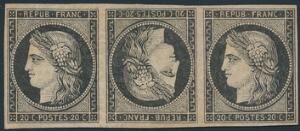 1849. Ceres. 20 c. black. Yellowish paper. A very fine unused TÊTE-BÊCHE STRIP OF THREE with inverted stamp in the middle. Fine hinged with full originalgum. S