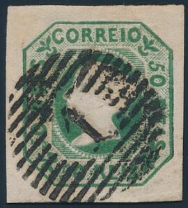 1853. Marie II, 50 Reis, green. A very fresh and beautiful wide margined copy. Michel EURO 1300. Cert. BachEichele