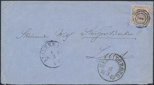 1854. 16 sk. gråviolet. Single på brev fra København til Sverige. Nr.stempel 1 og Kiøbenhavn 4.3. Transitstempel Helsingborg 6.3.1862