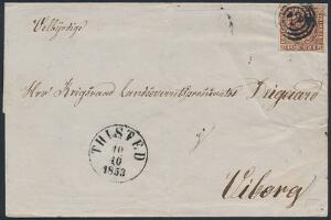 1853. 4 RBS Thiele II, sortbrun. Plade II, nr. 5 KRANHOLD RETOUCH. Flot brev fra THISTED 10.10.1853 til Viborg. Attest Nielsen