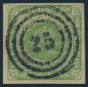 1854. 8 sk. grøn. Et meget smukt eksemplar med meget brede rande og nær retvendt nr.stempel 25 HIRSCHOLM. PRAGT-kvalitet.