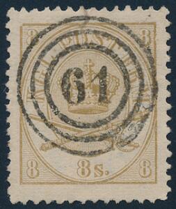 1864. 8 sk. gulbrun. LUXUS-mærke med helt retvendt nr.stempel 61 RØNNE.