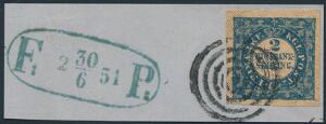 1851. 2 RBS Ferslew. Plade II, nr. 56. Type 2 SPIDS FODSTREG. Absolut SUPERBT eksemplar på lille brevstykke med velplaceret stumt stempel