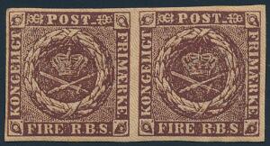 1853. 4 RBS Thiele II, mørk rødbrun, plade I, nr. 12-13. POSTFRISKT PARSTYKKE med fine harmoniske rande på alle sider