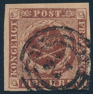 1851. 4 RBS FERSLEW 1a. Plade I, nr. 4 uretoucheret krone og uretoucheret bundmønster. Bredrandet mærke med nr.stempel 27 HOBRO