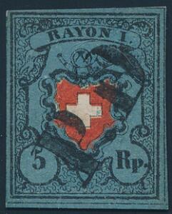 1850. Rayon I, 5 Rp. bluered on bluish paper. Type 38. With kreuzinfassung. Fresh and flawless copy with large margins. Michel EURO 1300. Cert. Kimmel-Lampar