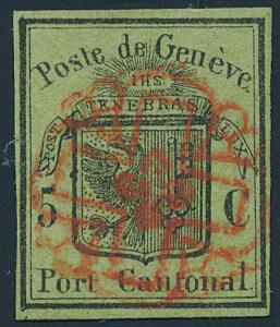 1847. Genf. 5 c. Large Eagle, blackyellow-green. Very fine and full margined copy with clear rosette i red. Michel EURO 1700