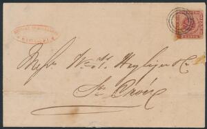 1856. 3 cents, karmin. Gul gummi. Fuldrandet eksemplar på smukt brev, annulleret med 3-ringsstempel, til St. Croix. Et par meget små brunlige pletter som så oft
