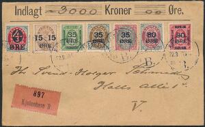 1912-1915. Smuk og dekorativ frankering af 7 FORSKELLIGE PROVISORIER på værdibrev på 3000 kroner, sendt fra KJØBENHAVN 22.8.18, til København V.