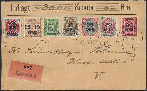 1912-1915. Smuk og dekorativ frankering af 7 FORSKELLIGE PROVISORIER på værdibrev på 3000 kroner, sendt fra KJØBENHAVN 22.8.18, til København V.