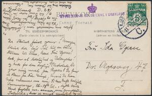 1915. 5 øre, Bølgelinie, mørkegrøn, på postkort sendt fra Grønland til Frederiksberg, Danmark. Stemplet i KJØBENHAVN 11.7.15 samt violet liniestempel med krone