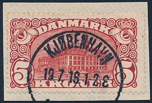 1915. 5 kr. Posthus, brunrød. Vm.IV. Variant KJØBFNHAVN. Pragteksemplar annulleret Kjøbenhavn 19.7.18