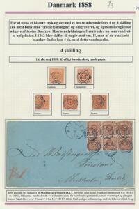 1858-1862. 4 sk. brun. 8 udstillingsplancher fra ældre samling med bl.a. brev med fuldrandet 6-BLOK samt meget andet.