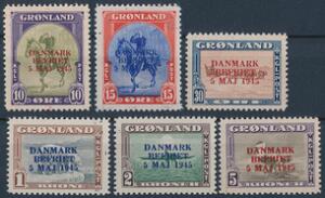 1945. Danmark Befriet. Ændrede Farver. Komplet sæt, postfrisk. AFA 16000