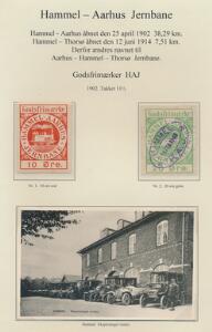 Banemærker. Aarhus-Hammel Jernbane og Kolding Sydbaner m.v. 1902-1954. God samling monteret på i alt 39 sider incl. flere bedre udgaver, nogle postkort osv.