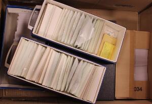 World. Large box with 5 file-cabinets with neatly sorted stamps in envelopes. Eg much NH material from Liechtenstein and Switzerland etc.