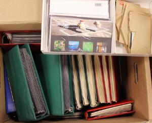 1840-1990. Large box with collections Great Britain and British Colonies in many old binders. Also collection Netherland and collection Denmark