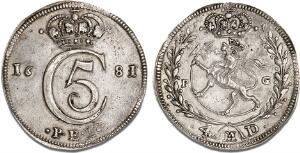 4 mark  krone 1681, Christiania, NM 75, H 55 monteringsspor på rand