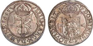 4 mark  krone 1655, H 95A, Mysteriekrone, Aagaard M 53-3, advers med graffiti, monteringsspor