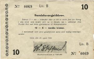 Norge, 10 kr 1940, No. 0069, litr. B, Ihendehavargjeldsbrev Voss, den 14. april, General William Steffens sjælden, lille rift - ellers pæn