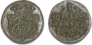 Skilling 1691, Kongsberg, NM 249, H 77, snavset, lidt møntskær