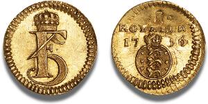 Frederik V, prøveafslag i guld af royalin 1756, UBJ 256, Sieg 73.5, KM TS7