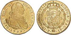 Carlos IV, 1788 - 1808, 8 Escudos 1799 P JF, Popayan, F 52, KM 62.2