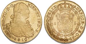 Fernando VII, 1808 - 1833, 8 Escudos 1810 P JF, Popayan, F 61, Calicó 1278