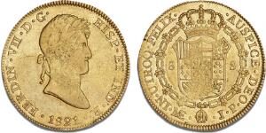 Fernando VII, 1808 - 1824, 8 Escudos 1821 JP, Lima, F 54, KM 129.1, Calicó 1231