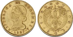 Colombian Republic, 1821 - 1837, Popayan, 8 Escudos 1827 JF, F 67, KM 82.1
