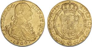 Carlos IV, 1788 - 1808, 8 Escudos 18001799 JJ, Nuevo Reino, F 51, KM 62.1, Calicó 1134