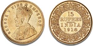 George V, 1910 - 1936, 15 Rupees 1918, Calcutta, F 1608, Schl. 946
