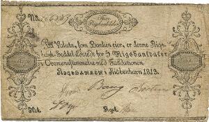 5 rigsbankdaler 1813, No. 106883, Sieg 66, Pick A49, små papirgennembrud, rifter langs kanterne, særdeles sjælden seddel