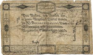 50 rigsbankdaler 1813, No. 66..., Sieg 68, Pick A51, små papirgennembrud, rifter langs kanterne, blækskrift på forsiden, repareret på bagsiden, sjælden seddel