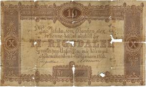10 rigsdaler 1860, No. 123110, Sieg 78, Pick A63, store papirgennembrud samt rifter langs kanterne