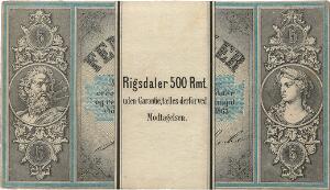 Forside til 100 stk. 5 rigsdaler 1863, Sieg 76, Pick A62, sandsynligvis anvendt som reklame Rigsdaler 500 Rmt. uden Garantie, tælles derfor ved modtagelsen