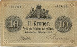 10 kr 1888, Nr. 4153488, J. C. Jacobsen  Boysen, Sieg 88, Pick A 81, nålehuller og let stødt hjørne foroven, ex. TH 2, lot 1162