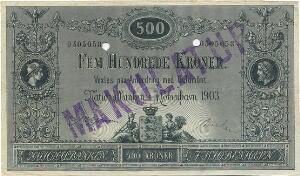 500 kr 1903, Nr. 0305058, J. C. L. Jensen  Bruhn, Sieg 91, Pick A 84, 2 makuleringshuller samt stemplet MAKULATUR på forsiden
