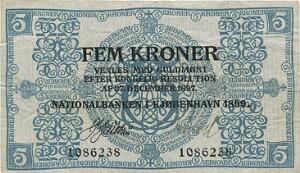 5 kr 1899, Nr. 1086238, J. C. Jacobsen  , Sieg 92, Pick 1, smuk seddel for denne type