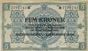 5 kr 1909, Nr. B 7798743, V. Lange  Hude, Sieg 93, Pick 6, små rifter i højre side
