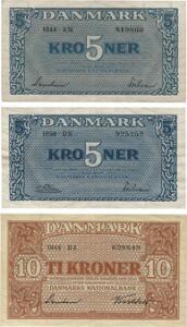 5 kr 1944 AM, 1950 DK, 10 kr 1944 BZ, Sieg 118 - 120, Pick 35a, 35g, 36, i alt 3 stk.