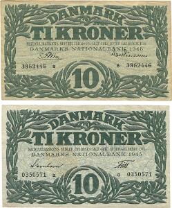 10 kr 1945 a plet, 10 kr 1948 s mørke kanter, Sieg 121, 122, Pick 37a, 37f, 2 stk.