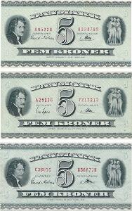 5 kr 1952 A0, 1952 A2 7. april, 1960 C3, Sieg 128, 129, Pick 42, i alt 3 stk.