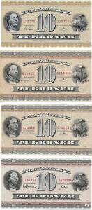 10 kr 1952 A8, 10 kr 1954 C0, 10 kr 1954 C2, 10 kr 1973 C8, Sieg 130 - 133, Pick 43 - 44, i alt 4 stk.