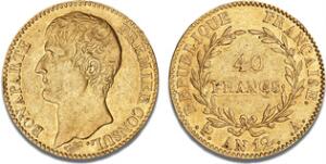 Napoléon I, Bonaparte as First Consul, 1799 - 1804, 40 Francs AN 12 18031804 A, Paris, F 479, Gadoury 1080, Schl. 3