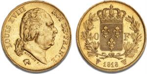 Louis XVIII, 1814 - 1824, 40 Francs 1818 W, Lille, F 536, Gadoury 1092