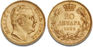 Milan IV, Obrenovich, 1868 - 1882 - 1889, 20 Dinara 1882 V, Vienna, F 4, Schl. 2