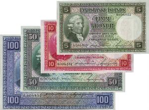5, 10, 50 og 100 kr 1948, alle sedler nr. 0000802, Sieg 34, 36, 38, 40, Pick 32-35, i alt 4 stk. i kval. 0 med lidt overskudsfarve på 100 kr seddel
