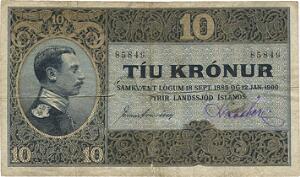 10 kr u. år 1916, nr. 85849, Sieg 13, Pick 8a, 2 reparerede makuleringshuller samt blækskrift på forsiden